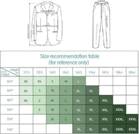 Größentabelle für Herrenanzug, Jacke und Hose, Größenempfehlung, XS bis XXXL, Maßangaben.