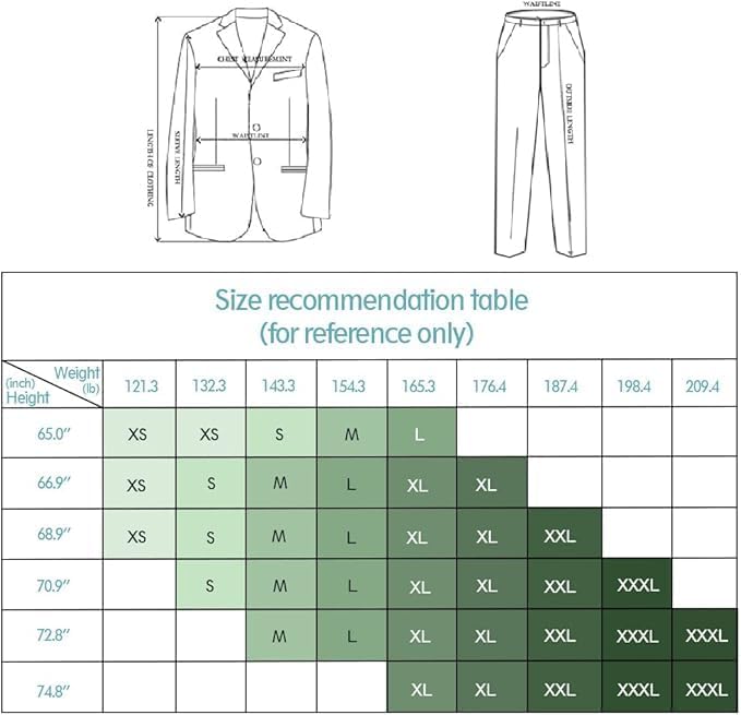 Größentabelle für Herrenanzug, Jacke und Hose, Größenempfehlung, XS bis XXXL, Maßangaben.