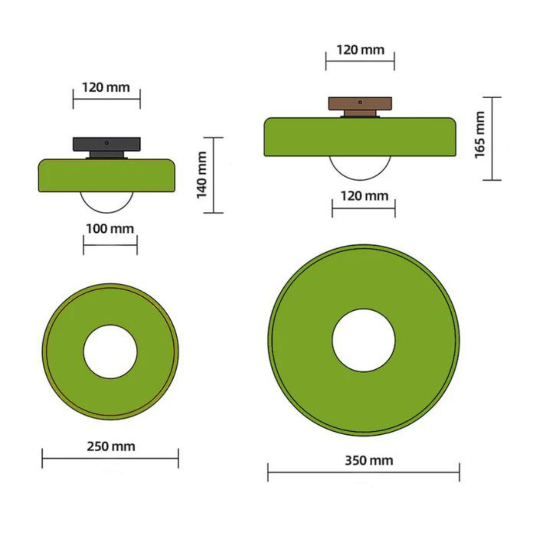 Grüne Deckenleuchte, runde Form, Maße 250mm und 350mm, moderne Innenbeleuchtung.