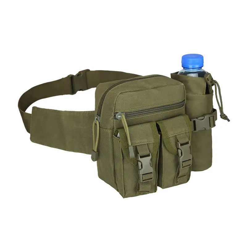 Olivgrüne Gürteltasche mit Flaschenhalter, Outdoor, wasserdicht, robust, für Wandern und Camping.