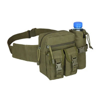 Olivgrüne Gürteltasche mit Flaschenhalter, Outdoor, wasserdicht, robust, für Wandern und Camping.
