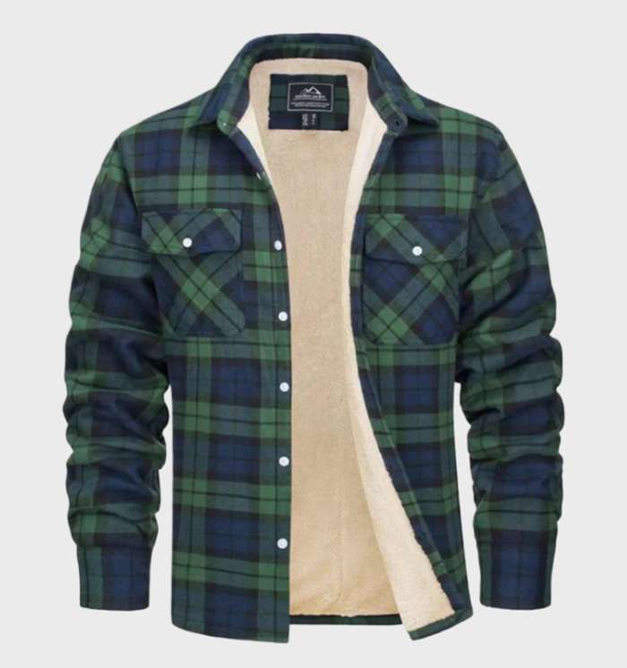 Grün-blau kariertes Herrenhemd mit Fleece-Futter, warm, langärmelig, Freizeitmode.