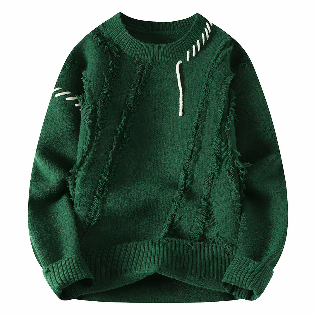 Grüner Strickpullover mit Fransen, Unisex, Baumwolle, modisch, Herbstmode, gemütlich.