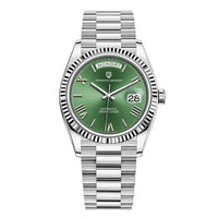 Silberne Herrenarmbanduhr mit grünem Zifferblatt, Edelstahlarmband, automatisches Uhrwerk.