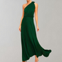 Grünes festliches Damen-Wickelkleid, bodenlang, ärmellos, elegantes Design für Hochzeiten.