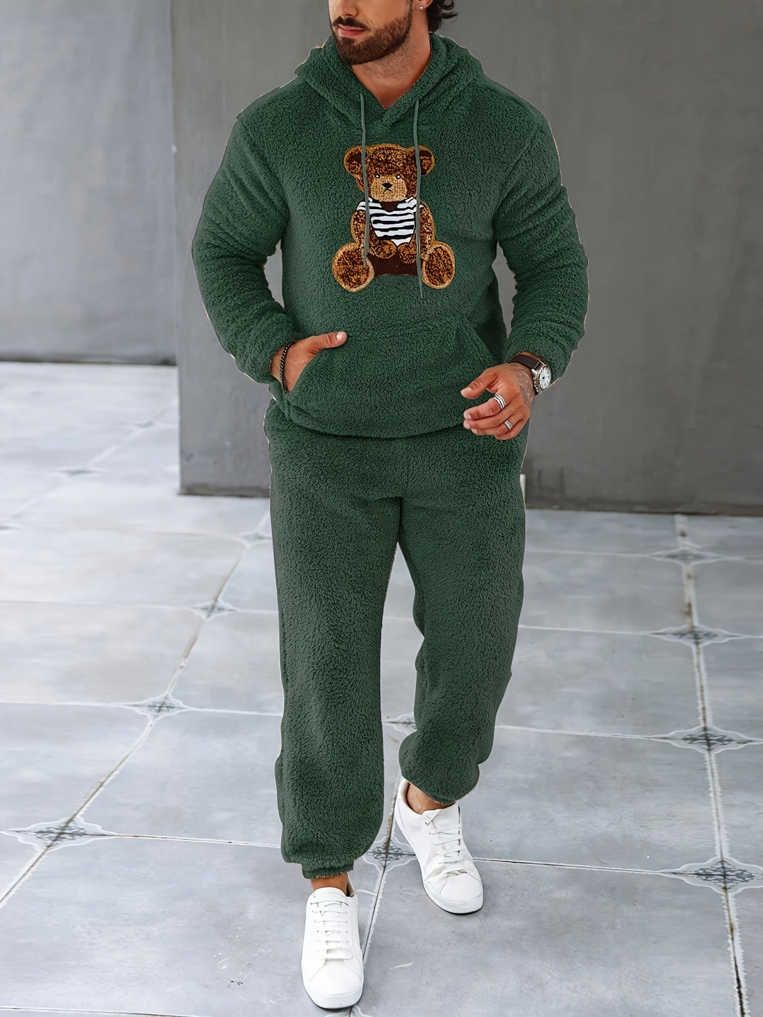 Männer Teddy-Fleece-Trainingsanzug, grün, Kapuzenpullover, Jogginghose, Freizeitmode.
