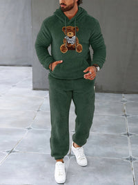 Männer Teddy-Fleece-Trainingsanzug, grün, Kapuzenpullover, Jogginghose, Freizeitmode.