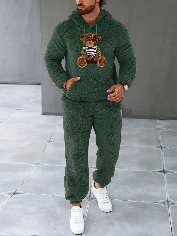 Männer Teddy-Fleece-Trainingsanzug, grün, Kapuzenpullover, Jogginghose, Freizeitmode.