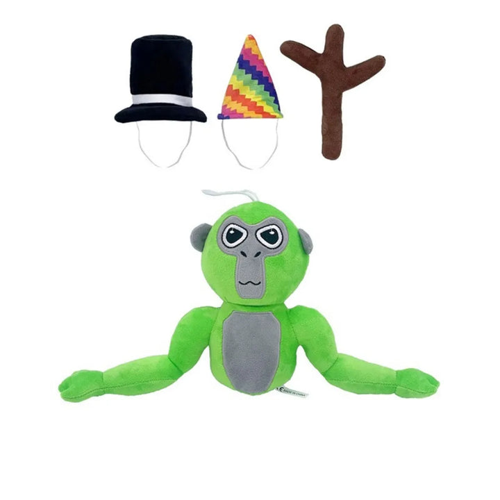 Grüner Gorilla-Plüsch mit austauschbaren Hüten und Armen, Spielzeug für Kinder.