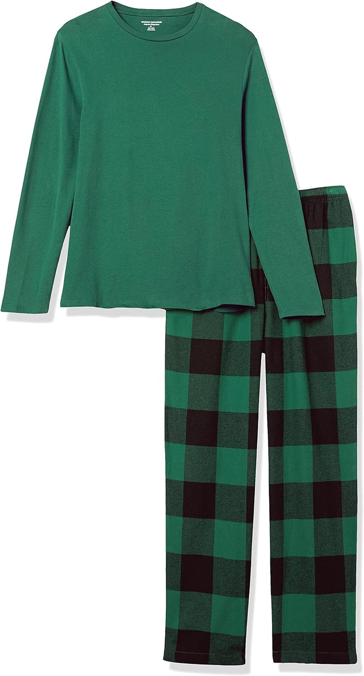 Grüner Schlafanzug, kariert, langärmelig, Baumwolle, Herren-Pyjama, bequem, Nachtwäsche.
