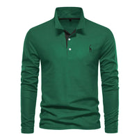 Grünes Langarm-Poloshirt aus Baumwolle mit Knopfleiste und Kragen, Herrenmode.