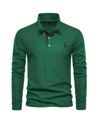 Grünes Langarm-Poloshirt für Herren, Baumwolle, klassischer Kragen, Freizeitmode.