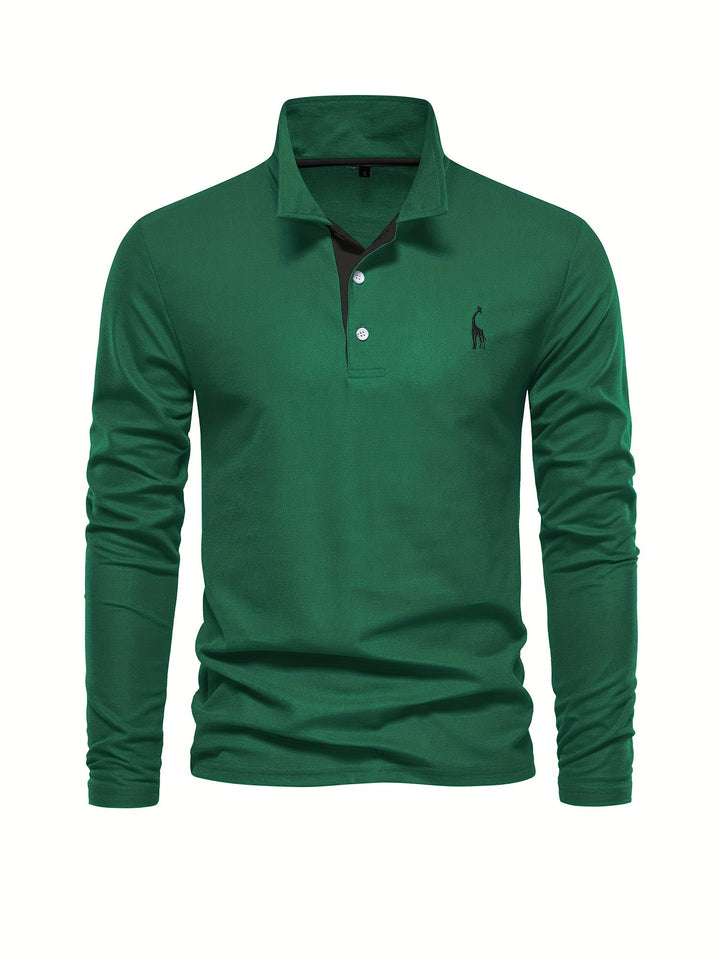 Grünes Langarm-Poloshirt für Herren, Baumwolle, klassischer Kragen, Freizeitmode.