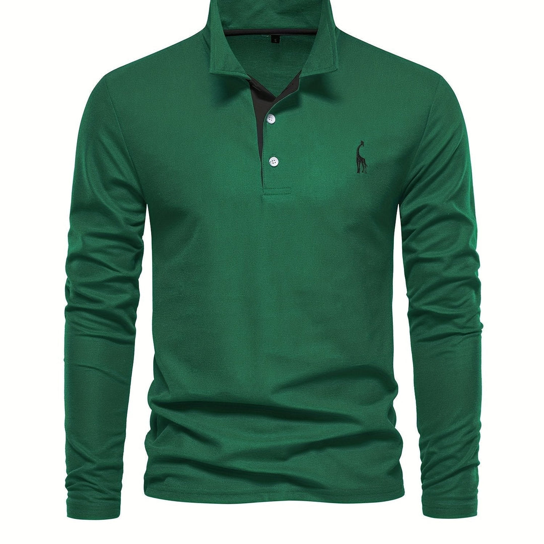 Grünes Langarm-Poloshirt für Herren, Baumwolle, klassischer Kragen, Freizeitmode.