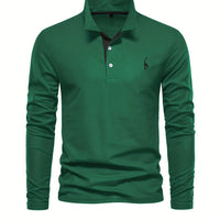 Grünes Langarm-Poloshirt für Herren, Baumwolle, klassischer Kragen, Freizeitmode.