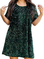 Funkelndes grünes Paillettenkleid, kurzärmelig, festlich, Damenmode, elegant.