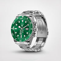 Grüne Edelstahl-Smartwatch mit Herzfrequenzmesser und Datumsanzeige, stilvolles Design.