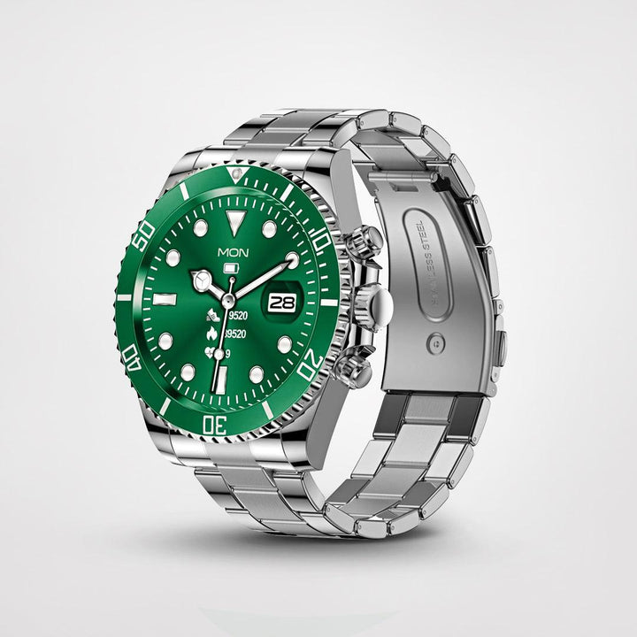 Grüne Edelstahl-Smartwatch mit Herzfrequenzmesser und Datumsanzeige, stilvolles Design.