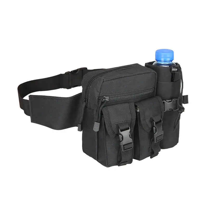 Schwarze taktische Gürteltasche mit Flaschenhalter, robustes Nylon, Outdoor-Aktivitäten.