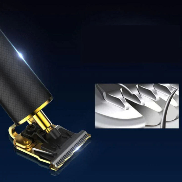 Hochwertiger elektrischer Haarschneider, schwarz-gold, präzise Klingen, ergonomisches Design.