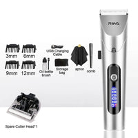 Riwa Haarschneider Set, silber, mit Aufsätzen, USB-Ladekabel, Ölflasche, Kamm, Schürze.