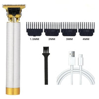 Haartrimmer Set, gold-silber, mit Aufsätzen, USB-Kabel, Reinigungsbürste, für präzises Styling.