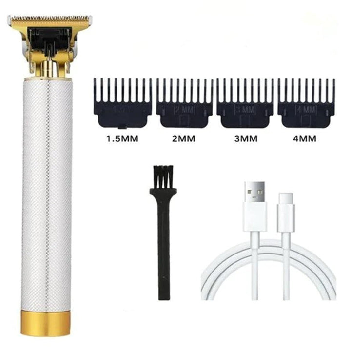 Haartrimmer Set, gold-silber, mit Aufsätzen, USB-Kabel, Reinigungsbürste, für präzises Styling.