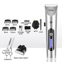 Elektrischer Haarschneider Set, silber, mit Kammaufsätzen, Schere, USB-Kabel, Ölflasche.