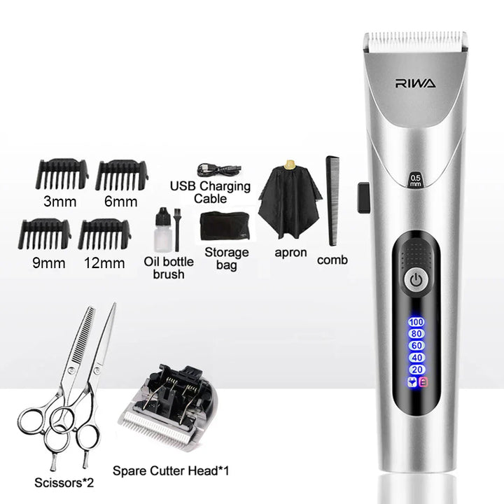 Elektrischer Haarschneider Set, silber, mit Kammaufsätzen, Schere, USB-Kabel, Ölflasche.