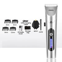Elektrischer Haarschneider silber, LED-Display, Zubehör: Kämme, USB-Kabel, Schere, Tasche.