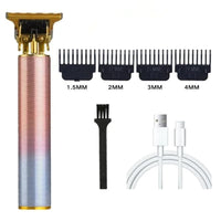 Elektrischer Haarschneider Set, mehrfarbig, mit Aufsätzen, USB-Kabel, Reinigungsbürste.