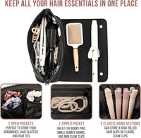 Schwarze Haar-Organizer-Tasche mit Fächern, ideal für Bürsten, Lockenstäbe, Haargummis.