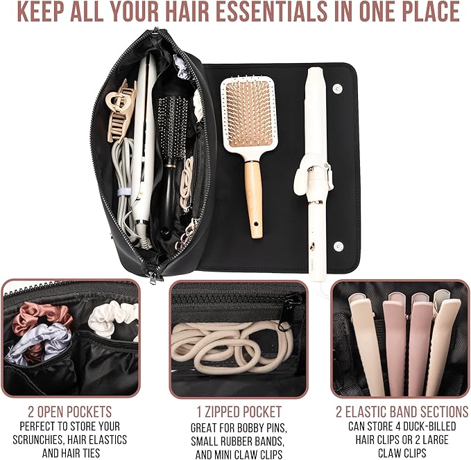 Schwarze Haar-Organizer-Tasche mit Fächern, ideal für Bürsten, Lockenstäbe, Haargummis.