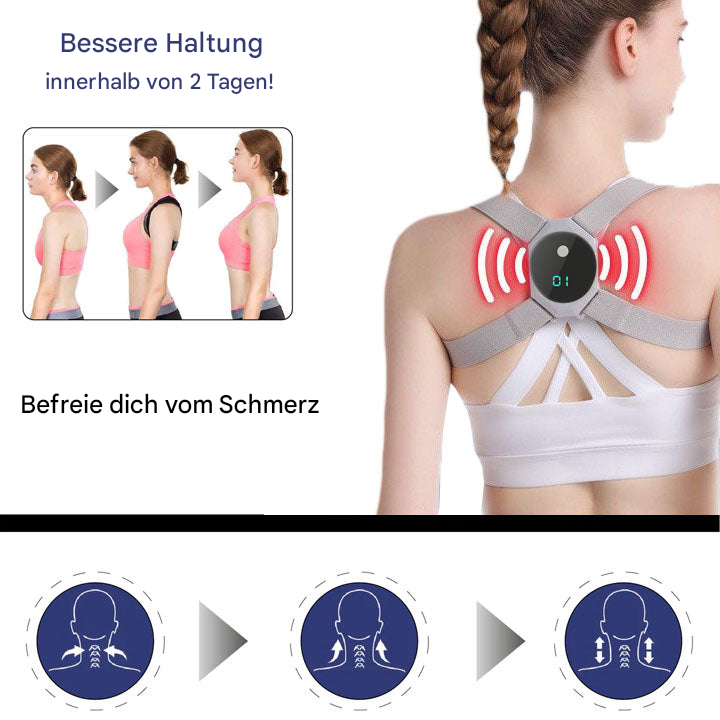 Frau mit Haltungskorrektur-Gurt, Rückenansicht, graues und weißes Design, Schmerzreduktion.