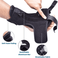 Schwarze Handgelenkbandage mit abnehmbarer Aluminiumschiene, atmungsaktivem Stoff, weichem Schaumstoff.