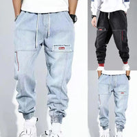 Harem-Hosen für Herren, Jeans, einfarbig, mit Taschen, lässig, blau und schwarz.
