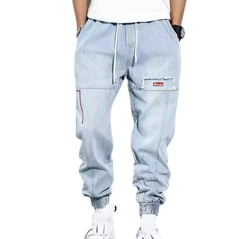 Harem-Hosen Herren, hellblau, Jeansstoff, elastische Bündchen, Taschen, lässig, modisch.