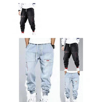 Harem-Hosen Herren, einfarbig, Jeans, Taschen, lässig, Student, blau und schwarz.
