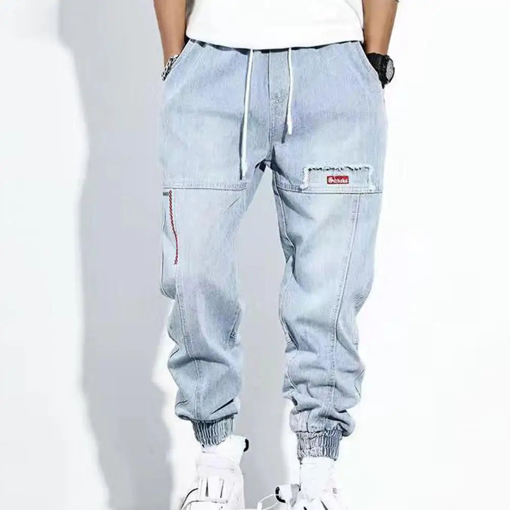 Harem-Hose Herren, hellblau, Jeansstoff, lässig, mit Taschen, elastischer Bund, Streetwear.
