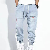 Harem-Hose Herren, hellblau, Jeansstoff, lässig, mit Taschen, elastischer Bund, Streetwear.
