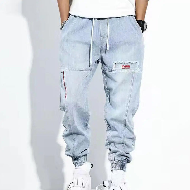 Harem-Hose Herren, hellblau, Jeansstoff, lässig, mit Taschen, elastischer Bund, Streetwear.