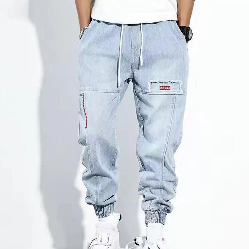 Harem-Hose Herren, hellblau, Jeansstoff, lässig, mit Taschen, elastischer Bund, Streetwear.