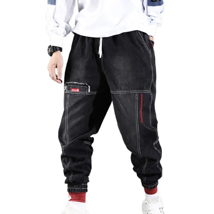 Schwarze Haremshose Herren, Casual, mit Taschen, einfarbig, Denim, Streetwear, modisch.