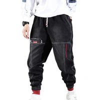 Schwarze Haremshose Herren, Casual, mit Taschen, einfarbig, Denim, Streetwear, modisch.