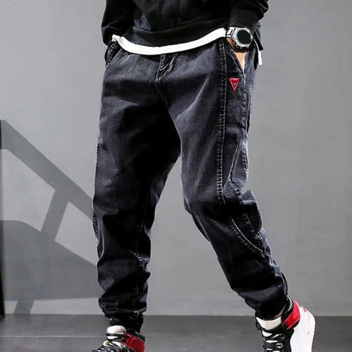 Schwarze Herren-Jeans, Harem-Stil, mit Taschen, lässig, ideal für Studenten, einfarbig.