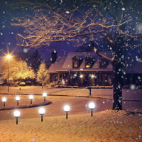 Schneebedecktes Haus bei Nacht mit beleuchteten Gartenlampen, winterliche Atmosphäre.