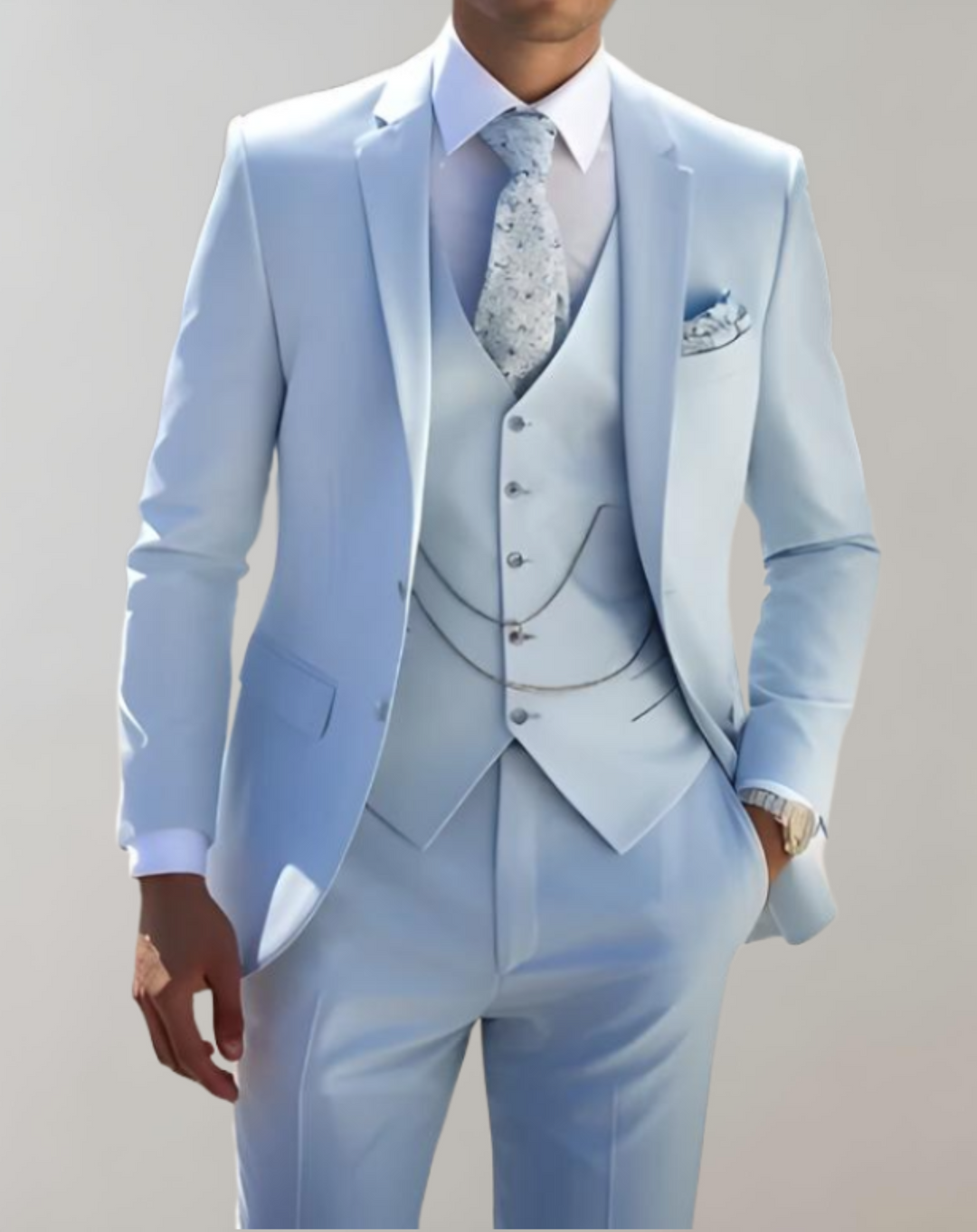 Eleganter hellblauer Anzug für Herren mit Weste und Krawatte, ideal für Hochzeiten.