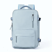 Hellblauer Rucksack, rechteckig, mit mehreren Reißverschlusstaschen, ideal für Schule oder Reisen.