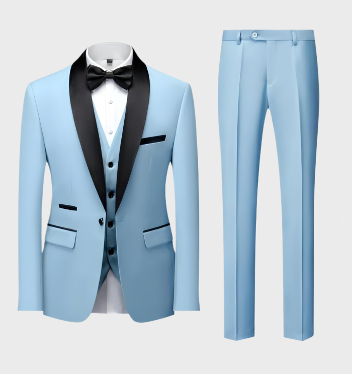 Hellblauer Anzug mit schwarzem Revers, Weste und Hose, elegantes Herrenmode-Set.