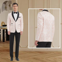 Eleganter Herrenanzug, rosa Brokat, schwarzes Revers, ideal für formelle Anlässe.